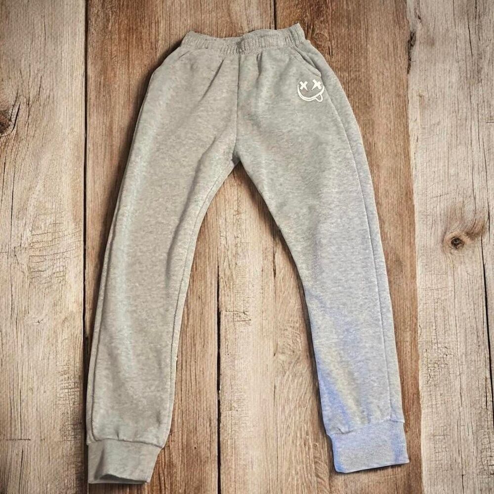 Smiley Face Sweatpants Lounge Pants Gray‎ Comfy Casual
